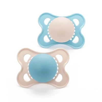 Image of MAM Original Soother 2 6 Months (Pack of 2), Baby Made from Sustainable Material, SkinSoft Silicone Teat, with Case, Blue (Designs May Vary)