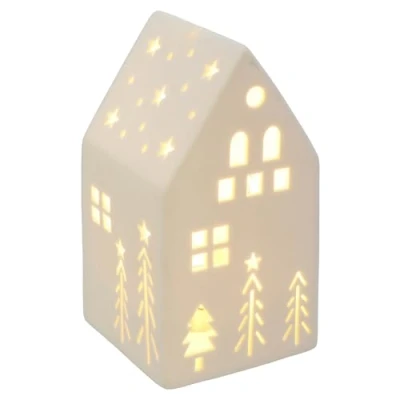 Image of Shudehill Giftware China White Christmas LED Light Up Warm Cosy House with Xmas Trees and Stars Home Decoration Small or Large Sizes (Large)