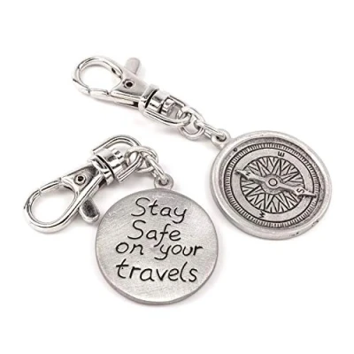 Image of Travel Clip on Compass Design Metal Bag Charm with Stay Safe Your Travels Message