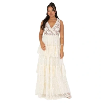 Image of Maya Deluxe Women&#039;s Ladies Maxi Dress Sleeveless V Neckline Wrap Tiered Ruffle Sequin Embellished Embroidered Tulle A line Ball Gown Ecru 22