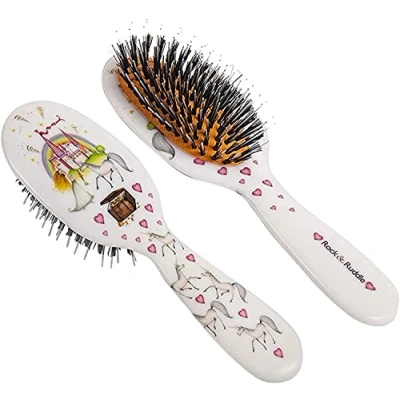 Image of Rock &amp; Ruddle Natural Mixed Boar Bristle Hair Brush for Women and Kids (Small/Travel Size, 17.5cm) Perfect Wet or Dry Hair, Detangling Smoothing Blowdrying Made in UK Unicorns Design