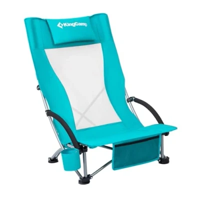 Image of KingCamp Low Folding Beach Chair, Lightweight High Back Portable Camping Chair with Mesh Back, Up to 180 kg (397 lbs), Padded Armrest &amp; Cup Holder Pocket Carry Bag, Cyan