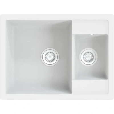 Image of vidaXL Granite Kitchen Sink with Double Basins Top Mounted, Heat &amp; Scratch Resistant, Comes Basket Strainer Measures 580 x 440 172 mm White