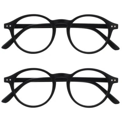 Image of OPULIZE REY Reading Glasses 2 Pack Retro Round Frame Matt Black Mens Womens Spring Hinges RR56 1 +2.00
