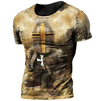 Image of PERSIMONE Men&#039;s Knight Templar Print T Shirt Retro 3D Digital Round Neck Short Sleeve Tops Slim Fit Gym Workout Shirts
