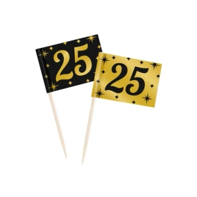 Image of PD Party Cocktail Sticks for 25th Birthday Decoration Anniversary Black Gold 50 Pieces