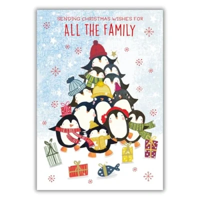 Image of All the Family Christmas Card Festive Penguin Tower Artistic Design Special Finish and Illustrated Insert Leaf Made in UK Eco Friendly