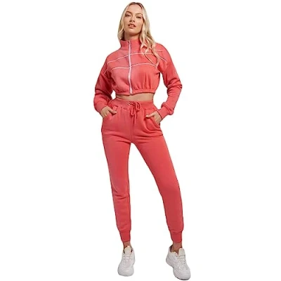 Image of True Face women&#039;s tracksuit set 2 Piece womens full women black tops for uk Zip up top Coral 6