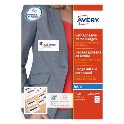 Image of Avery 15 Sheets of 10 Printable Customisable Textile Badges, Silk Acetate, Size 80 x 50 mm, Inkjet Printer, J4785