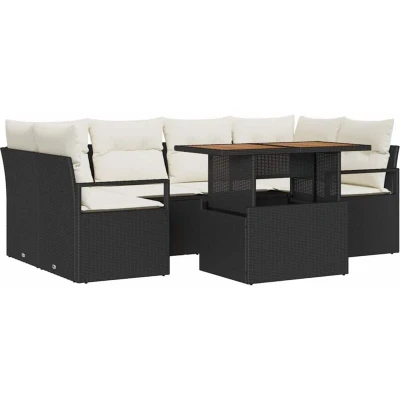 Image of vidaXL 7 Piece Garden Sofa Set with Cushions Black Poly Rattan Acacia