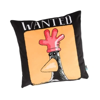 Image of TruffleShuffle Wallace and Gromit Feathers McGraw Wanted Poster Square Black Cushion
