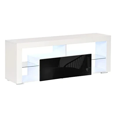 Image of HOMCOM TV Unit, LED Stand Cabinet, High Gloss Table with Lights and Storage Shelf for 55 inch TVs Living Room, Bedroom, Black White