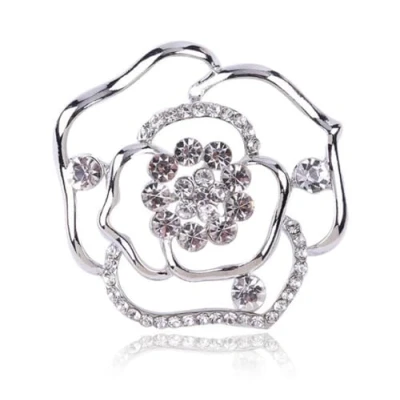 Image of LISADORE Crystal Rose Camellia Flower Brooch Pin Hollow Out Rhinestone Blooming Floral Bridal Wedding Party Jewelry For Women