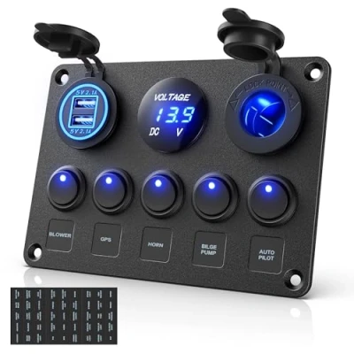 Image of MICTUNING 5 Gang Rocker Switch Panel with LED light 12V 24V Toggle Dual USB Charger Digital Voltmeter Cigarette Lighter Socket for Car Trunk Boat