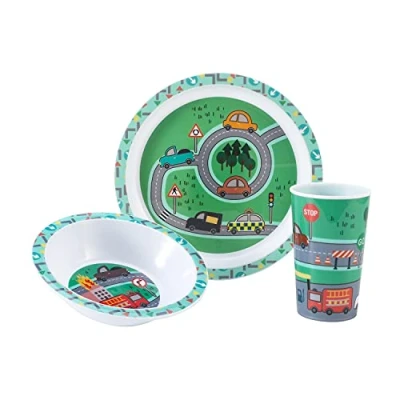 Image of Vehicle 3Pcs Coloured Dining Set Plate, Bowl and Tumbler Dinnerware for Children, BPA Free