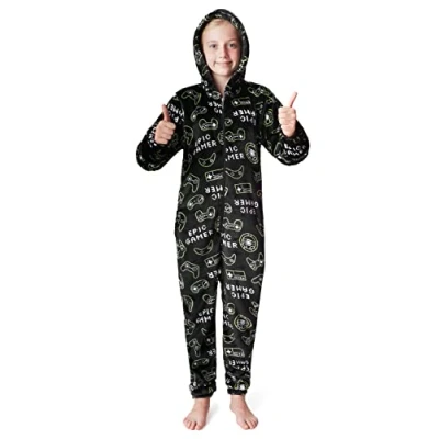 Image of CityComfort Onesies for Boys, Fluffy Fleece Pyjamas Kids and Teenage Boys Girls, Gaming Onesie, Camo Warm Winter PJs 7 14 Years (9 10 Years, Black)