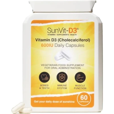 Image of SunVit D3 Vitamin D 600 IU Capsules Cholecalciferol Support the Maintenance of Bone, Teeth, Muscle &amp; Immune System Made in UK GMP Approved Vitamins 60 Convenient
