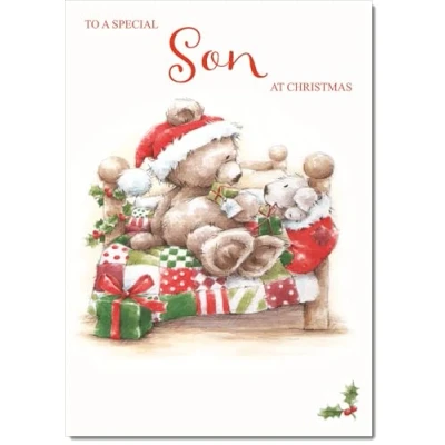 Image of doodlecards Son Christmas Card Cute Bear on Bed Medium Size for with Plain Envelope