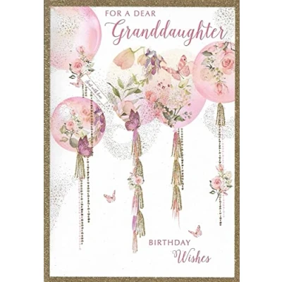 Image of Nigel Quiney Pizazz Artistic Granddaughter Birthday Card (NQ DR502) Floral Balloons &amp; Butterflies Flitter Finish From