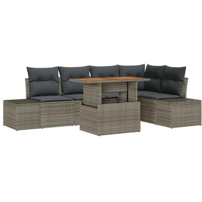 Image of vidaXL 6 Piece Garden Dining Set with Cushions Grey Poly Rattan Acacia