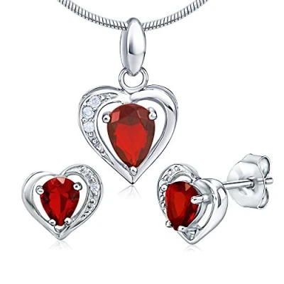 Image of SILVEGO Women 925 Sterling Silver Jewellery Set Red Heart Earrings and Necklace