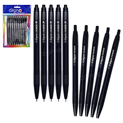 Image of DIGNO TickerRT Retractable Ballpoint Pens, BLACK, 0.7mm Fine Point, Pack of 10, Multipack, School Home Office Everyday ZOFAX Black Ball Pen