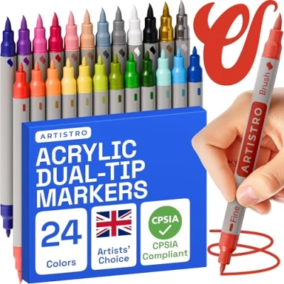 Image of ARTISTRO Acrylic Paint Pens, Art Set Markers Dual Tip, for Fabric, Canvas, Rock, Glass, Wood, Paper, DIY, Markers, Multicolor (Dual Tip Brush + Fine, 24)