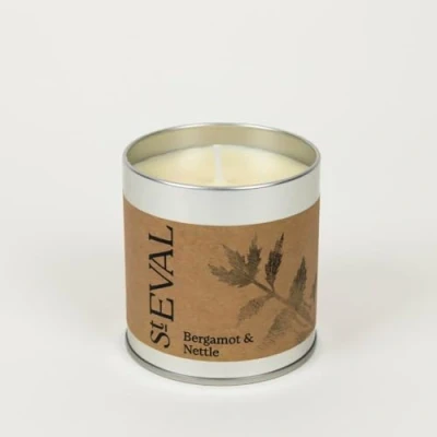 Image of St. Eval Bergamot &amp; Nettle Scented Tin Candle Wax Refreshing Fragrance an Uplifting, Herbal Aroma with Accord and Leaves Made in Cornwall