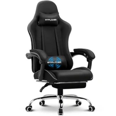 Image of GTPLAYER Fabric Gaming Chair with Footrest, Computer Massage Lumbar Support, Height Adjustable 363 Swivel Seat and Headrest for Office or White Black