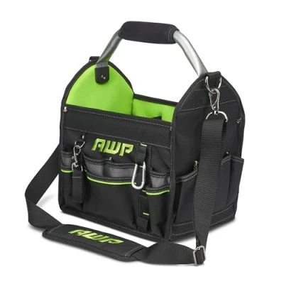 Image of AWP 12 Inch Pro Tool Tote with Rotating Handle for Easy Access, Water Resistant Construction, Black/Green