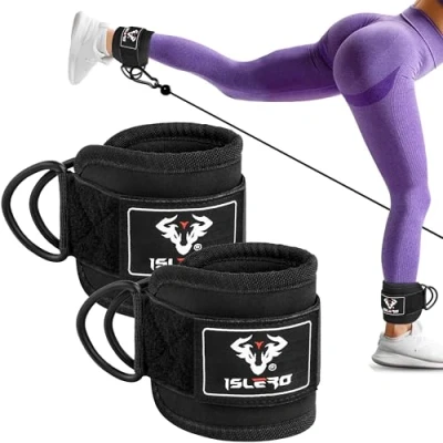 Image of Islero PAIR of Double D Ring Ankle Cuffs Weight Lifting Leg Workout Pulley Cable Machines attachment Hook Gym Straps Neoprene padded support wraps Bodybuilding SOLD AS (Matte Black)