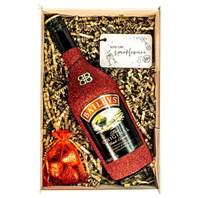 Image of Sparkling Baileys Original Irish Cream Liqueur 70cl Bottle With Belgian Heart Chocolates and Gift Box Hamper Spirit for Christmas Celebrations (Hand Crafted Bottle)