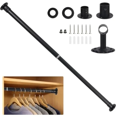 Image of Wardlock 93cm 170cm Black Extendable Stainless Steel Wardrobe Rail, Adjustable Clothes Rail Pole With End Sockets.