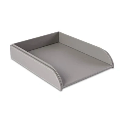 Image of OSCO Grey Faux Leather Letter Tray A4 Easily Stackable Desk File Organiser Paper Storage Office Document Sorter Paperwork Filing No Risers Required H6.3 x W24.5 D 33.0 cm