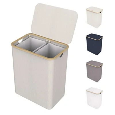 Image of Lonbet Beige Double Laundry Basket With Lid and Removable Bags XXL 150 L Extra Large Hamper 2 section Sorter Compartments Bamboo