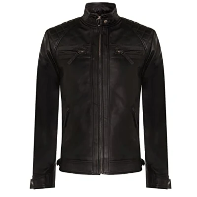 Image of Men&#039;s Vintage Black Retro Leather Jacket Classic Racing Quilted Biker Moto Fashion L