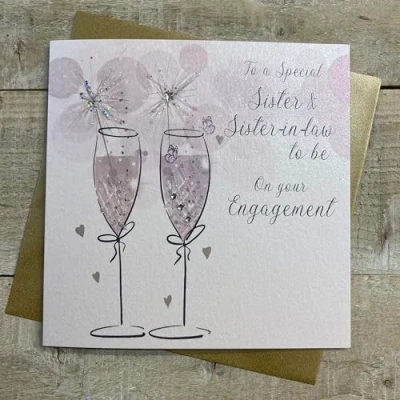 Image of WHITE COTTON CARDS SISTER &amp; IN LAW TO BE FLUTES ENGAGEMENT CARD, HAND FINISHED (D25 SSIS)