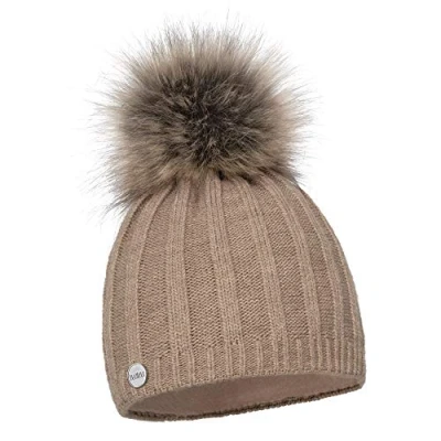 Image of ELIMELI® Cashmere Hat Women&#039;s Winter Warm Knitted Wool with Faux Fur Bobble Slouch Beanie Women for Made in EU, cappuccino, One Size Fits All
