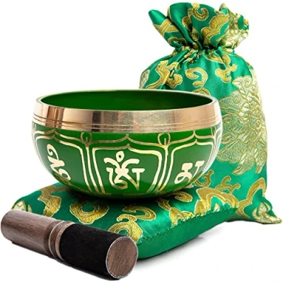 Image of Tibetan Singing Bowl Set Easy To Play for Beginners Authentic Handcrafted Mindfulness Meditation Holistic Sound 7 Chakra Healing Gift by Himalayan Bazaar (Emerald)