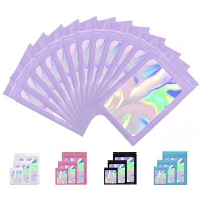 Image of Rimiko 150pcs Pink Ziplock Mylar Bags with Clear Window, Aluminum Foil Sample Bags, Resealable Holographic Self Sealing Pouches for Packaging and Food Storage (Holographic Purple, 4.7&quot;x7.9&quot;)