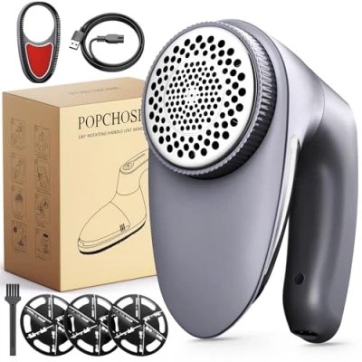 Image of POPCHOSE Lint Remover, Bobble Remover for Clothes, Rechargeable Electric Fabric Shaver De Sweater with Two 6 Leaf Blades Extra, Debobbler Clothes Coat