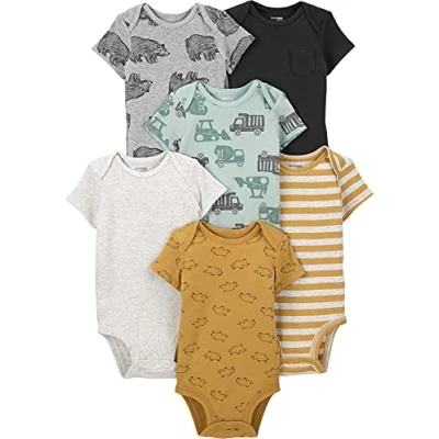 Image of Simple Joys by Carter&#039;s Baby Boys&#039; Short Sleeve Bodysuit, Bear/Construction/Rhino/Stripes, Premature (Pack of 6)