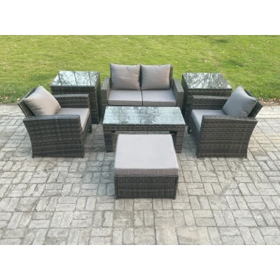 Image of 5 Seater Outdoor Rattan Garden Furniture Set Patio Lounge Sofa with Coffee Table 2 Side Tables Big Footstool Dark Grey Mixed Fimous