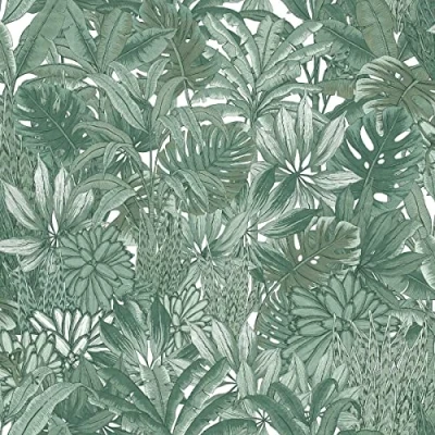 Image of Muriva Lush Forest Wallpaper Modern for Living Room, Bedroom, Fireplace Metallic Decorative Luxury Wall Paper with Jungle Creatures Hidden Tropical Foliage (Green)