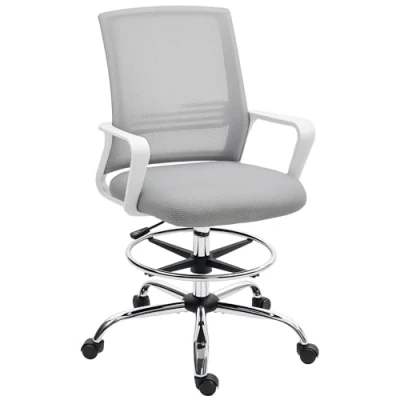 Image of HOMCOM Drafting Chair, Swivel Draughtsman Ergonomic Office Mesh Standing Desk Chair with Lumbar Support, Adjustable Foot Ring, Height, Grey
