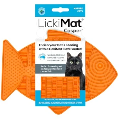Image of LickiMat Casper, Fish Shaped Cat Slow Feeders for Feline Boredom and Anxiety Reduction; Perfect Food, Treats Reduction, Orange