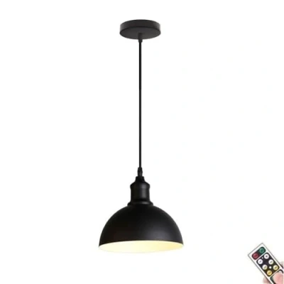 Image of Black 7.8in Rechargeable Farmhouse Ceiling Pendant Light, Non Hardwired Kitchen Island Light with Remote &amp; Blub, Battery Operated Semi Circular Hanging Chandelier for Dining Table Living Room Bedroom