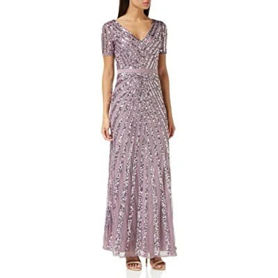 Image of Maya Deluxe Women&#039;s Maxi Ladies Embellished Sequin Dress Long Short Sleeve V Neck High Empire Waist A Cut Shiny Prom Wedding Bridesmaid, Moody Lilac, 12