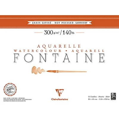 Image of Clairefontaine Ref 96351C Fontaine Hot Pressed Watercolour Glued Pad (12 Sheets) 30 x 40cm Size, 300gsm Paper Suitable for Artwork