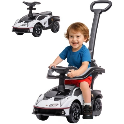Image of HOMCOM AIYAPLAY Licensed 2 in 1 Baby Ride on Push Car Toddler Along with Parent Handle Sliding Horn Steering Wheel NO POWER for 3 Years, White